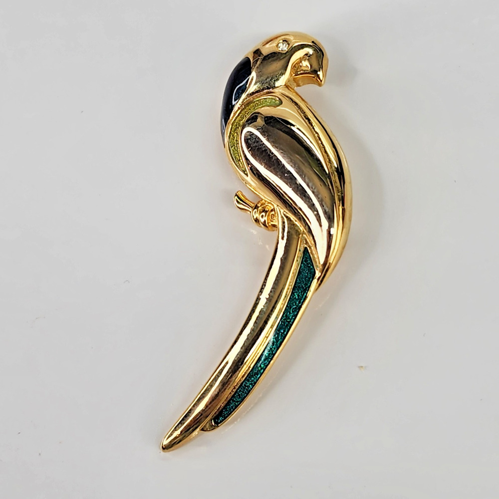 Liz Claiborne Parrot Bird Brooch Pin Signed 3” Gold Tone Green Enamel Vintage LC - Picture 1 of 10
